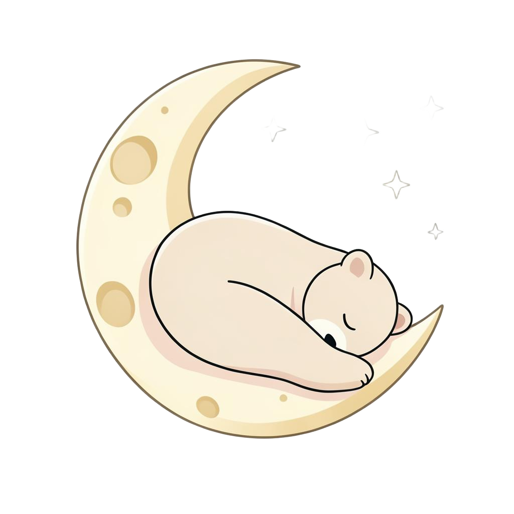 A sleepy bear curled up on a crescent moon